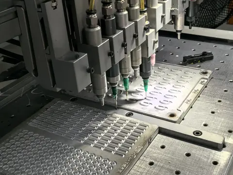 Multi-nozzle dispensing head laying beads of coloured silicone into an aluminium mould cavity on a platen.