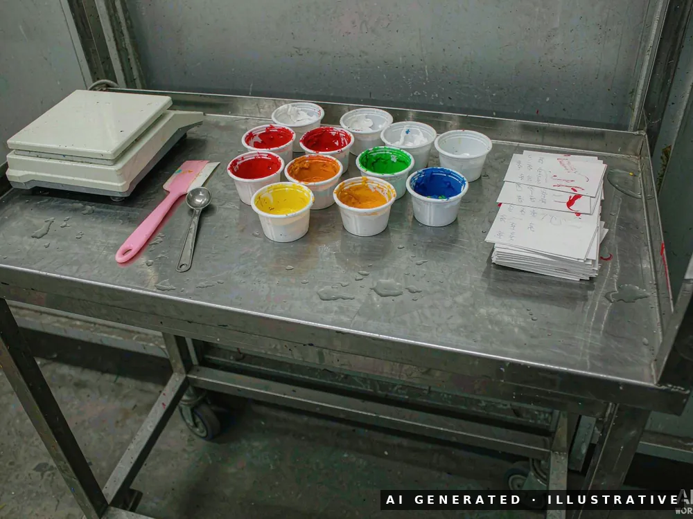 A stainless steel colour bench with small cups of red, yellow, blue, green and white silicone pigment paste, a digital scale, a spatula and a stack of batch cards.