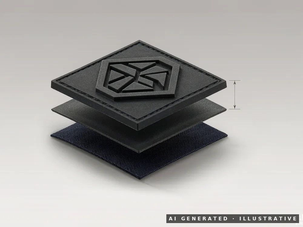 An exploded three-layer diagram: a woven fabric base, a thin silicone backing layer, and a matte black silicone patch with a raised hexagonal emblem.