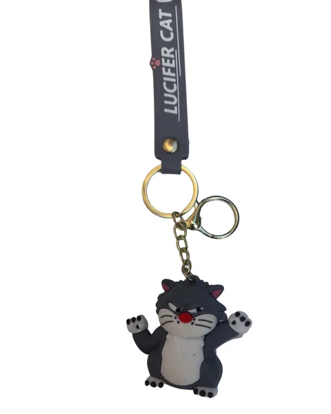Black cat PVC keyring with metal split ring and a printed silicone strap reading LUCIFER CAT