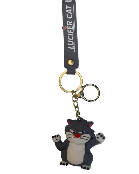 The same black cat keyring from a second angle, showing the raised moulded paws and the strap rivet