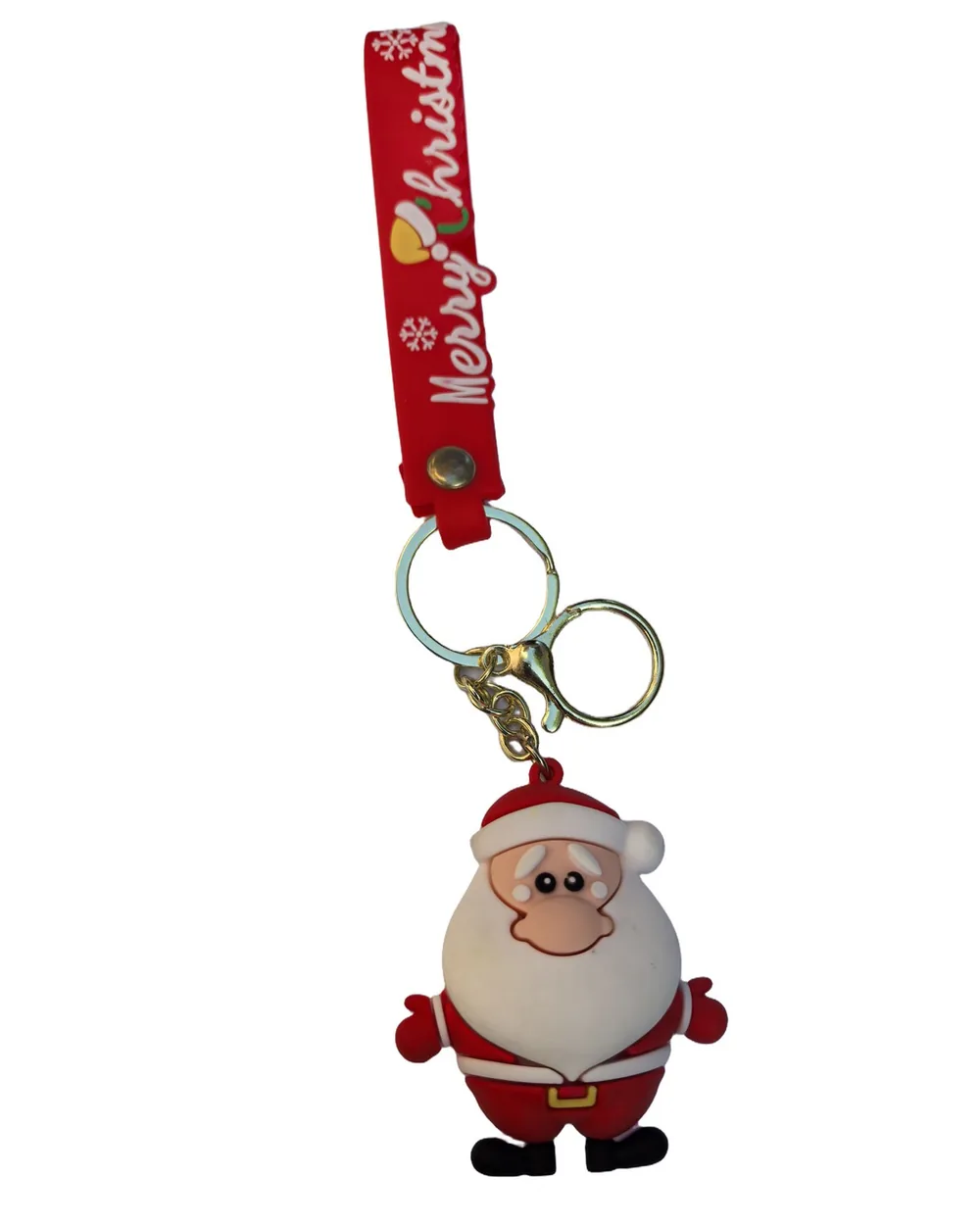 PVC Santa Claus keyring with a printed silicone strap and a split ring, front view on white